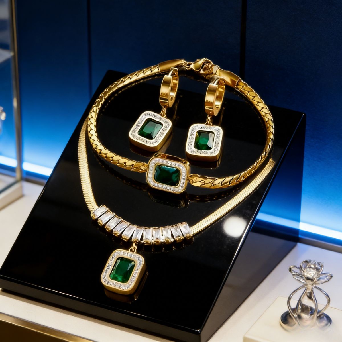 Elegant gold-plated jewelry set (necklace, bracelet, earrings) with green gem & crystal details. Stylish, shiny & versatile—perfect for Kenyan young ladies’ parties。