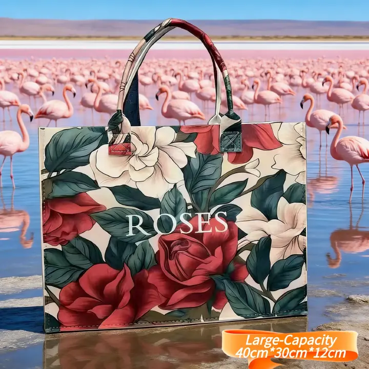 All-In-One Women's Shoulder Bag Large Capacity Felt Gift Shopping Bag Women's Large-Capacity Felt Tote Bag Floral Rose Print Stylish Handbag Spacious Casual Purse for Kenyan Young Ladies