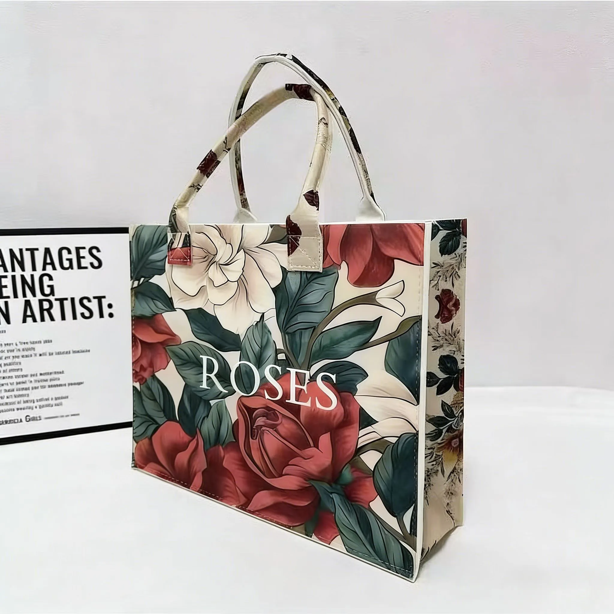 All-In-One Women's Shoulder Bag Large Capacity Felt Gift Shopping Bag Women's Large-Capacity Felt Tote Bag Floral Rose Print Stylish Handbag Spacious Casual Purse for Kenyan Young Ladies