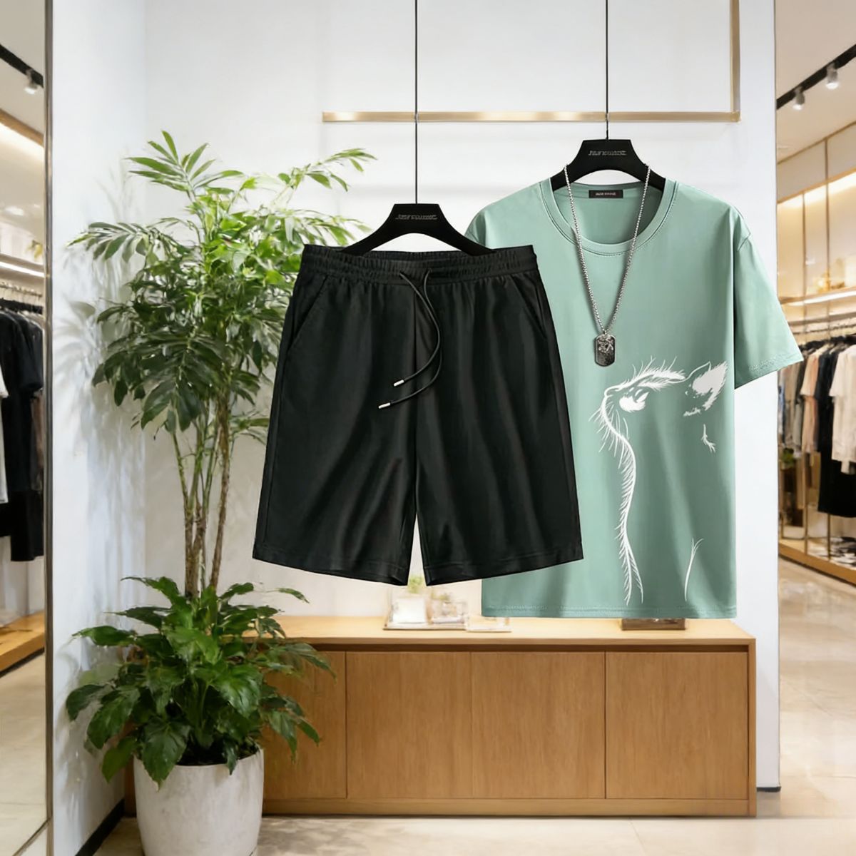 Trendy men’s 2-piece set: ice silk quick-dry T-shirt (cat print) + black shorts. Breathable, lightweight & comfortable—perfect for Kenyan young men’s daily/casual wear