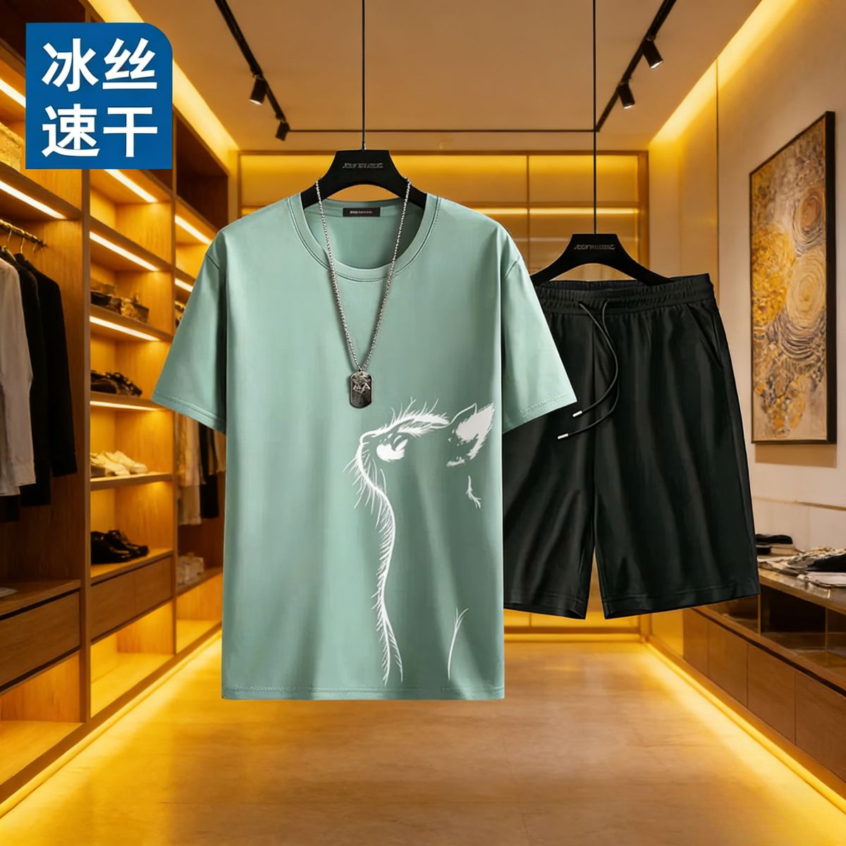 Trendy men’s 2-piece set: ice silk quick-dry T-shirt (cat print) + black shorts. Breathable, lightweight & comfortable—perfect for Kenyan young men’s daily/casual wear