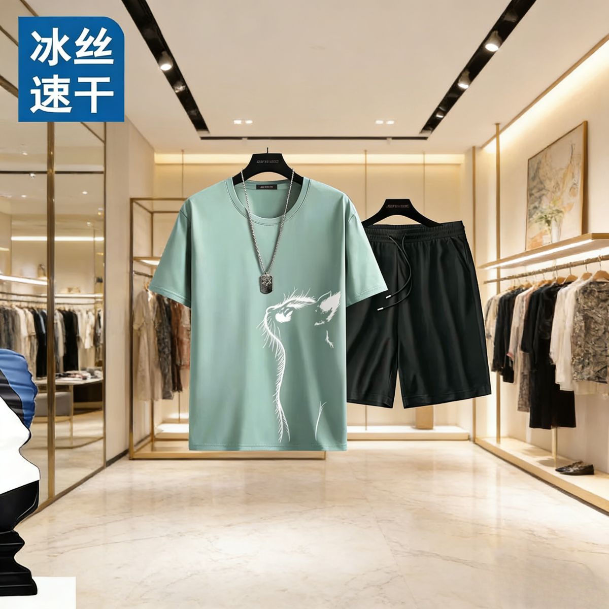 Trendy men’s 2-piece set: ice silk quick-dry T-shirt (cat print) + black shorts. Breathable, lightweight & comfortable—perfect for Kenyan young men’s daily/casual wear