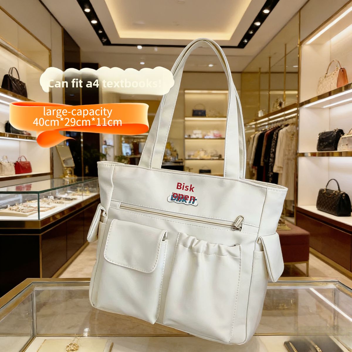 Trendy large-capacity white tote bag: "DISK IT" print, multi-pockets. Spacious, lightweight & practical—perfect for Kenyan young ladies’ daily outings/shopping.