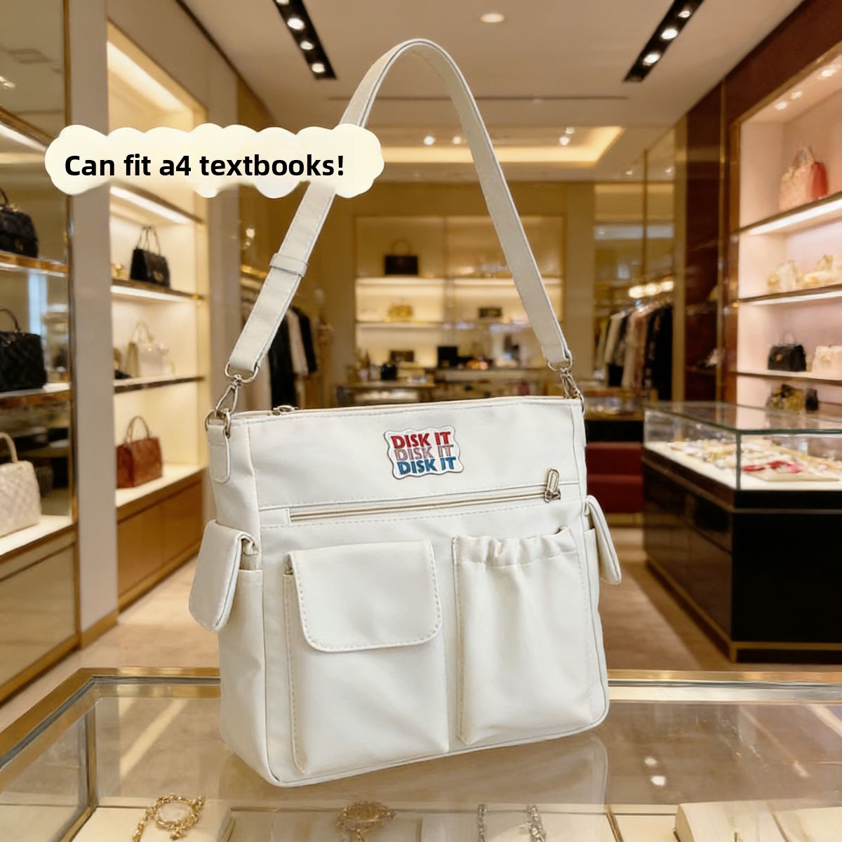 Trendy large-capacity white tote bag: "DISK IT" print, multi-pockets. Spacious, lightweight & practical—perfect for Kenyan young ladies’ daily outings/shopping.