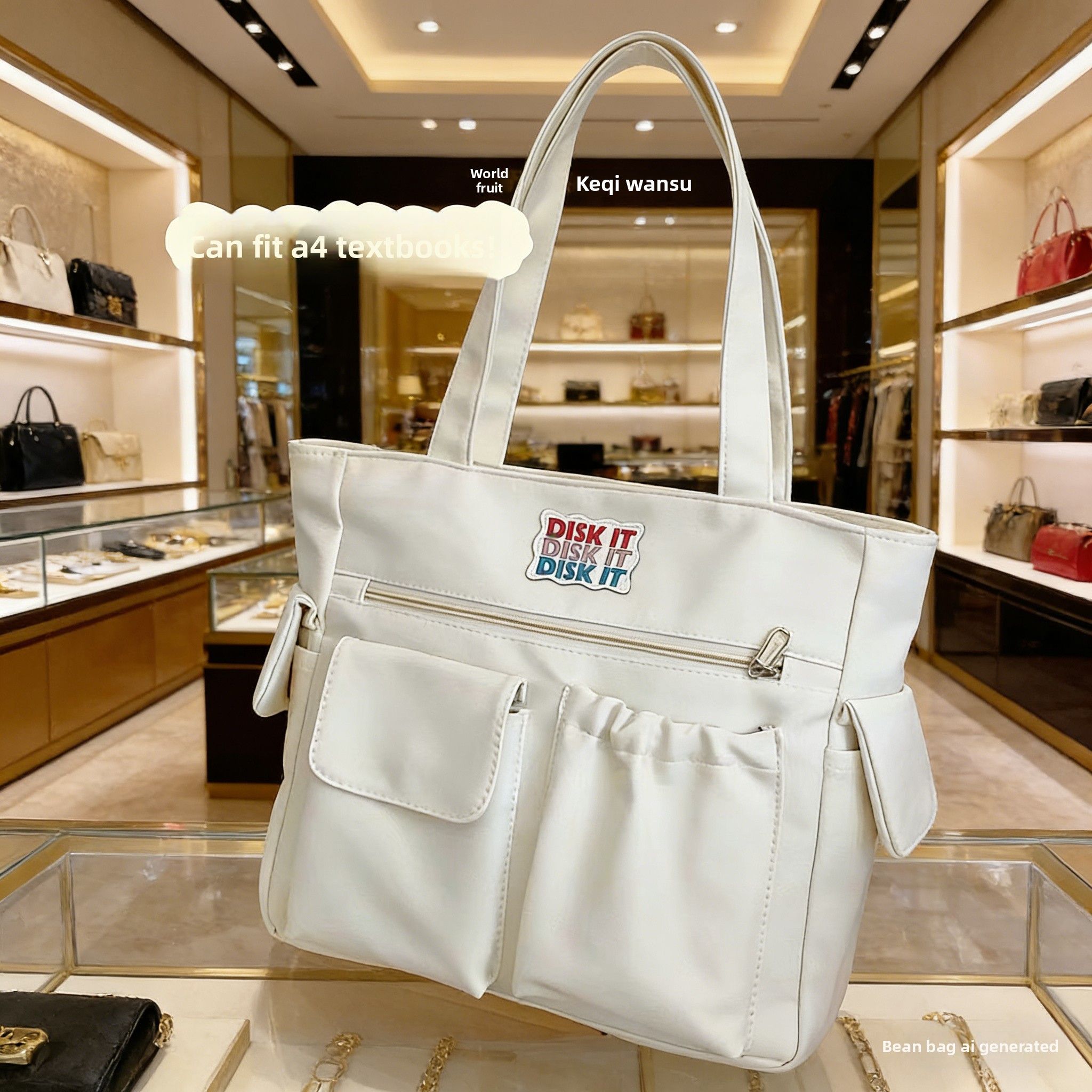 Trendy large-capacity white tote bag: "DISK IT" print, multi-pockets. Spacious, lightweight & practical—perfect for Kenyan young ladies’ daily outings/shopping.