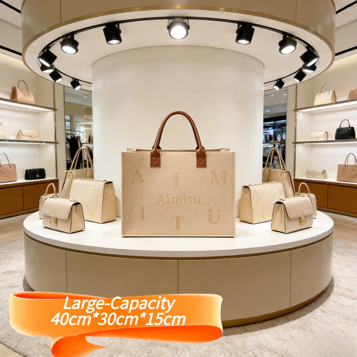 Trendy women’s beige felt tote bag Large-Capacity : "Aimitu" letter print, leather handles. Spacious, stylish & durable—perfect for Kenyan young ladies’ daily outings.