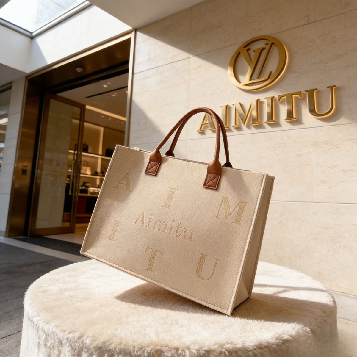Trendy women’s beige felt tote bag Large-Capacity : "Aimitu" letter print, leather handles. Spacious, stylish & durable—perfect for Kenyan young ladies’ daily outings.
