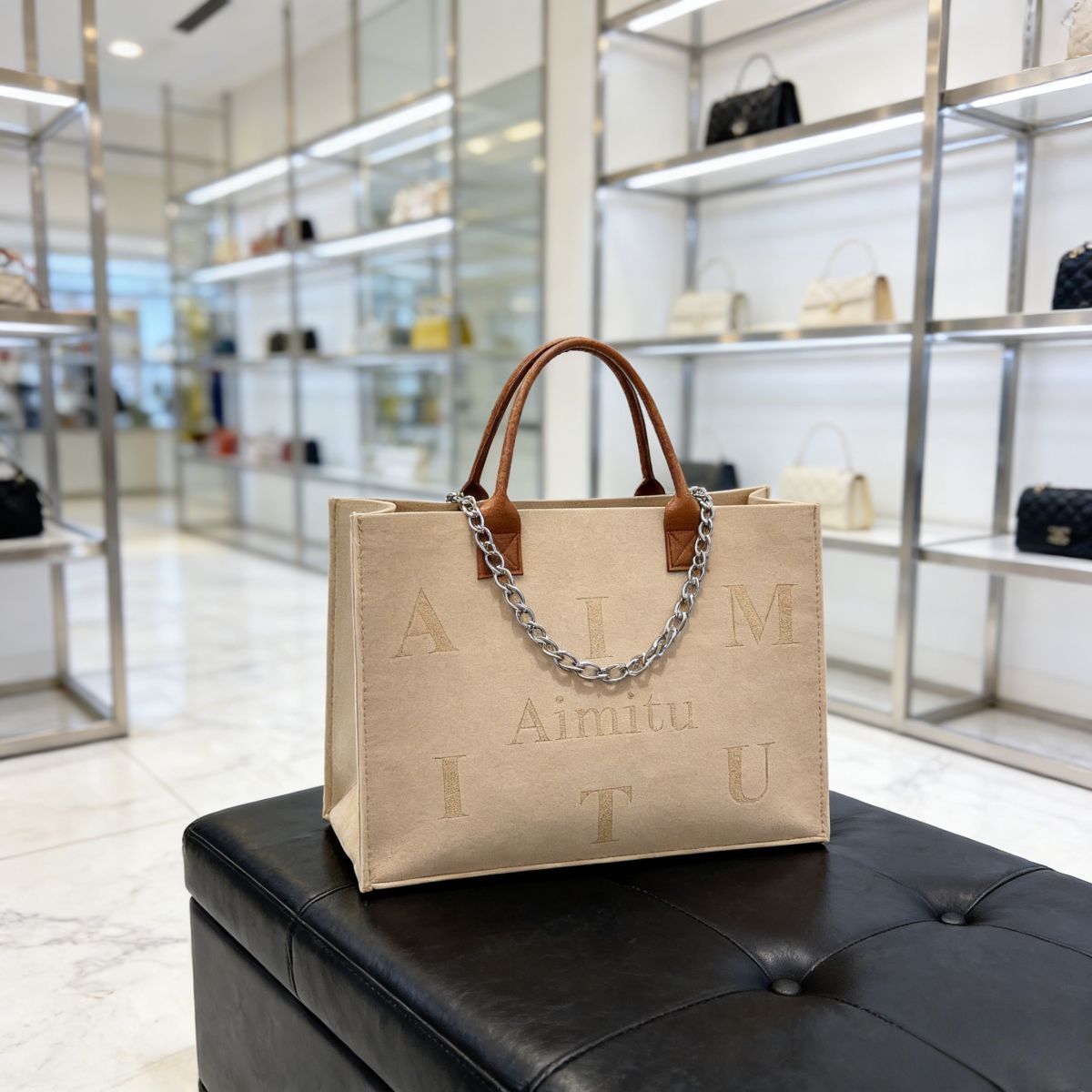 Trendy women’s beige felt tote bag Large-Capacity : "Aimitu" letter print, leather handles. Spacious, stylish & durable—perfect for Kenyan young ladies’ daily outings.