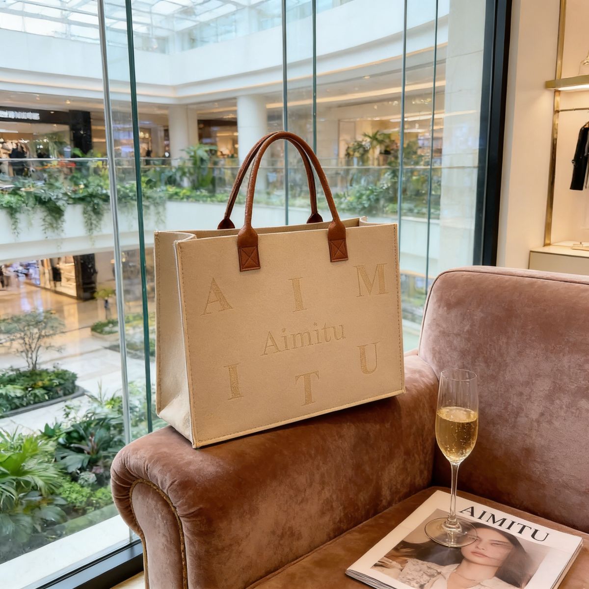 Trendy women’s beige felt tote bag Large-Capacity : "Aimitu" letter print, leather handles. Spacious, stylish & durable—perfect for Kenyan young ladies’ daily outings.