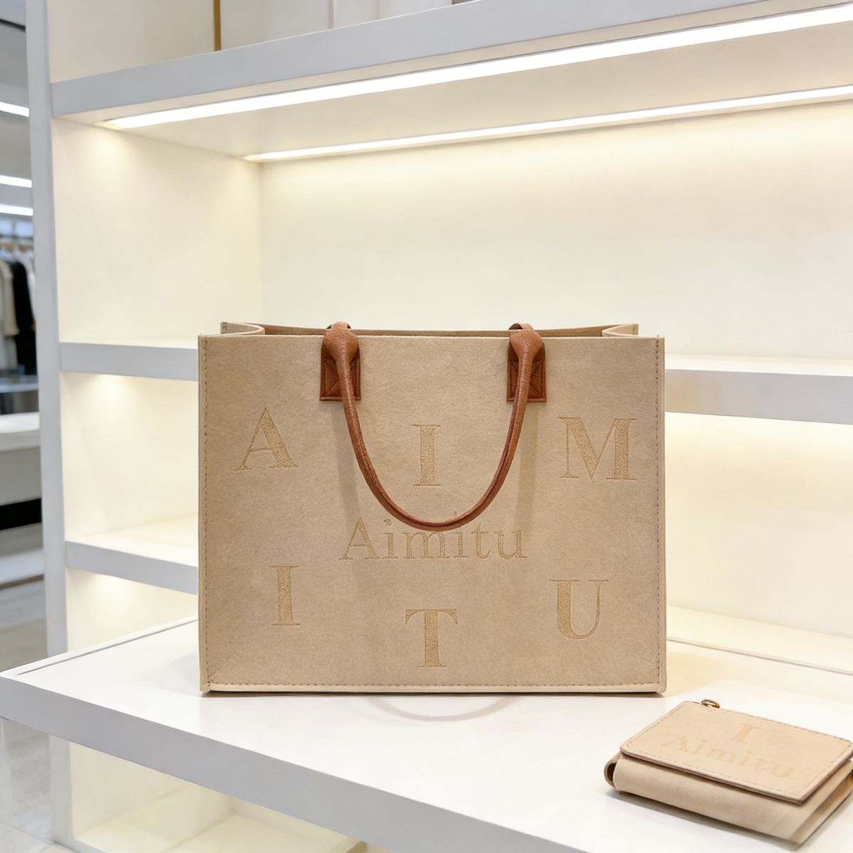 Trendy women’s beige felt tote bag Large-Capacity : "Aimitu" letter print, leather handles. Spacious, stylish & durable—perfect for Kenyan young ladies’ daily outings.