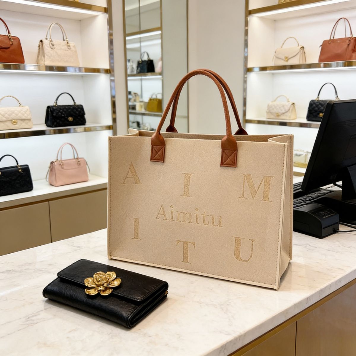Trendy women’s beige felt tote bag Large-Capacity : "Aimitu" letter print, leather handles. Spacious, stylish & durable—perfect for Kenyan young ladies’ daily outings.