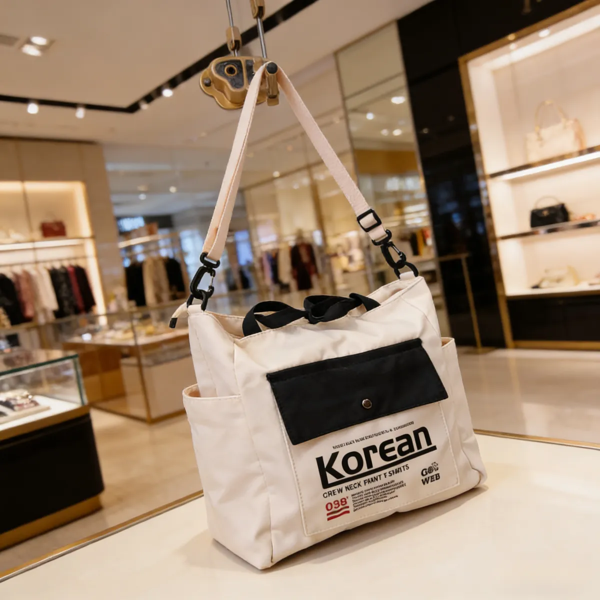 Trendy large-capacity canvas tote bag: "Korean" print, black & white design. Spacious, lightweight & versatile—perfect for Kenyan young ladies’ daily outings/shopping.