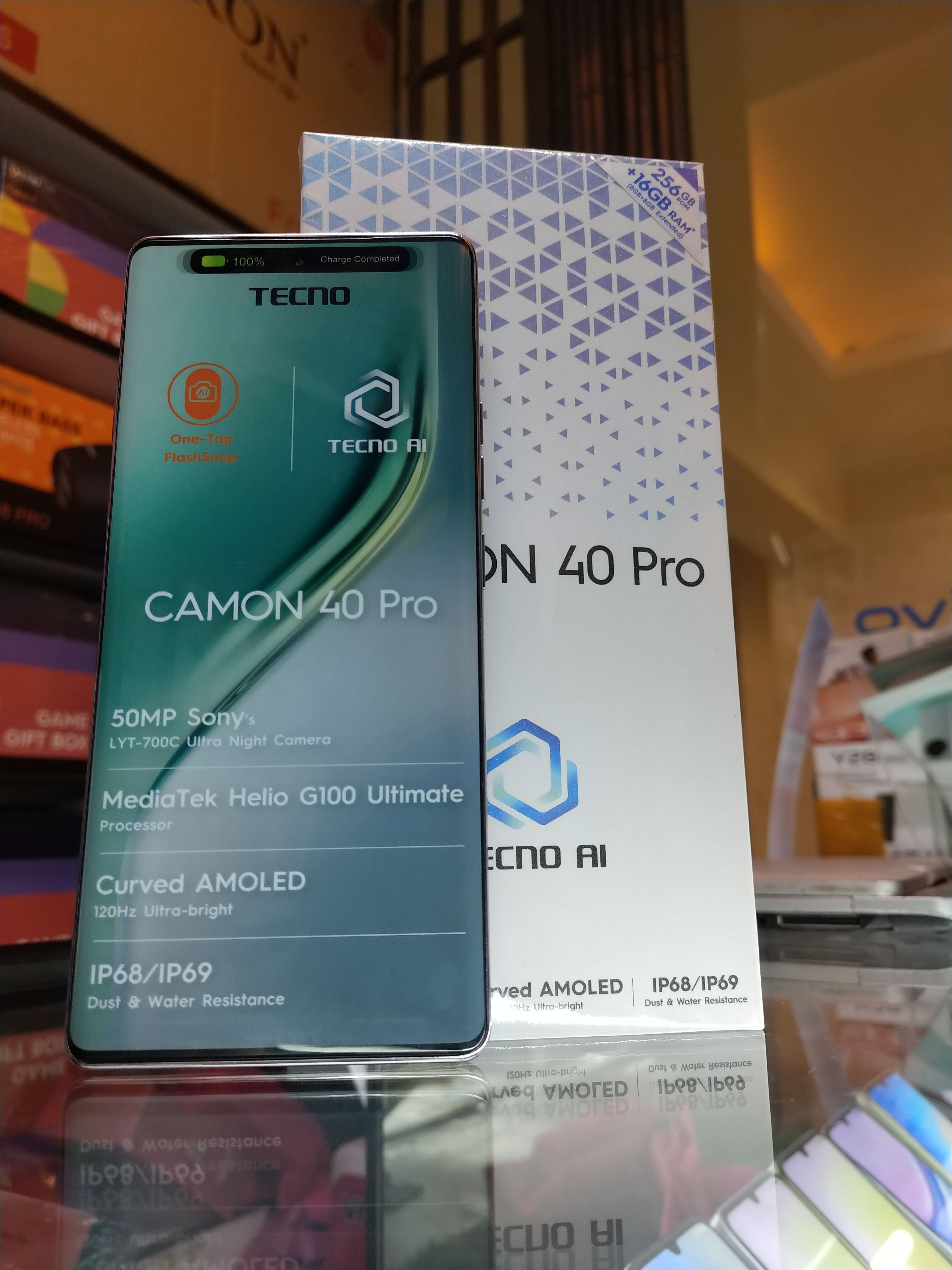 [New Arrival] Tecno Camon 40 Pro 256GB ROM+8GB RAM 6.78' 120Hz AMOLED Display Panda King Glass Protection 50MP+50MP Camera MTK Helio G100 Ultimate IP66 Dust/Water Resistant 5200mAh Battery Smart
