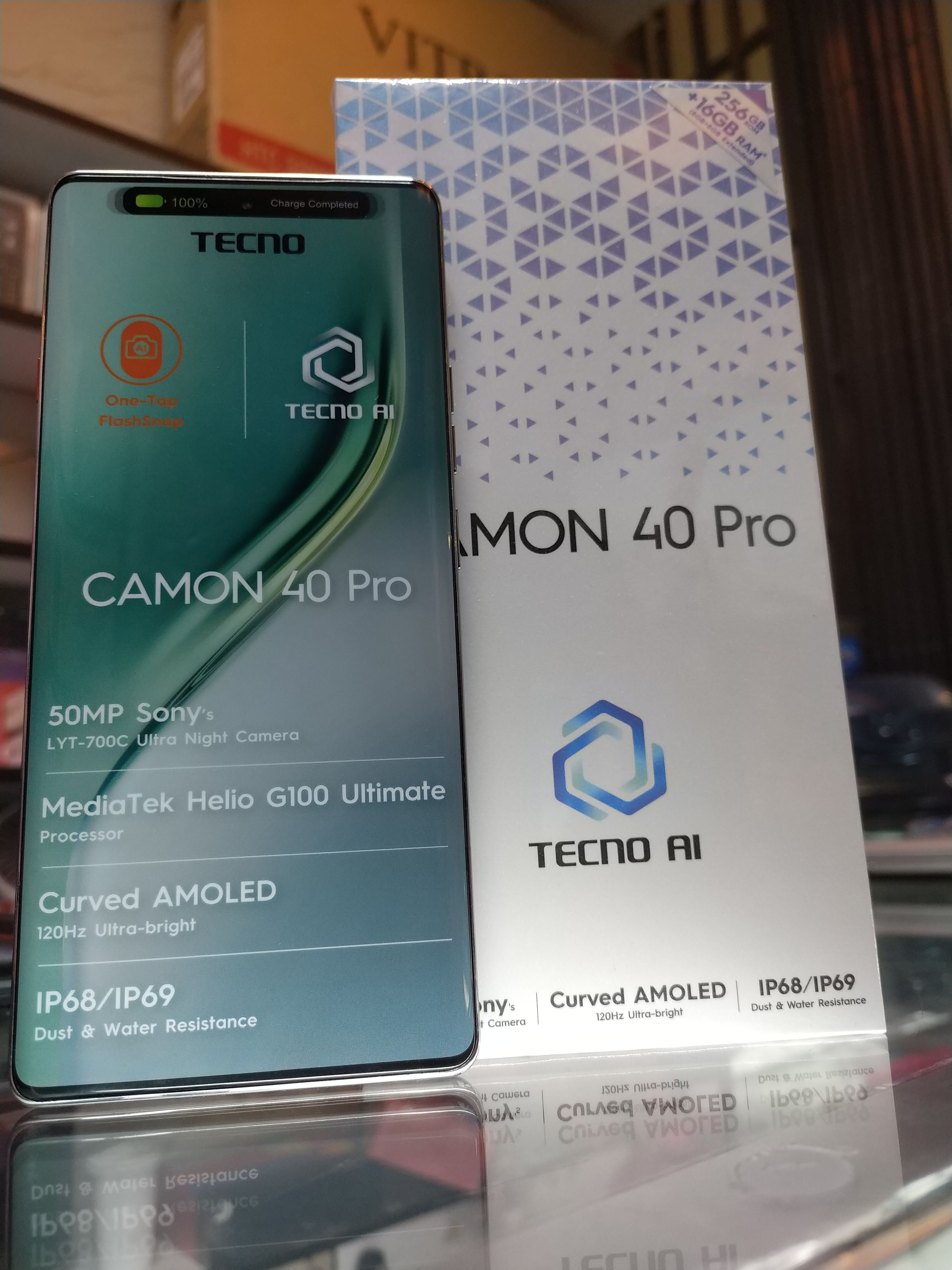 [New Arrival] Tecno Camon 40 Pro 256GB ROM+8GB RAM 6.78' 120Hz AMOLED Display Panda King Glass Protection 50MP+50MP Camera MTK Helio G100 Ultimate IP66 Dust/Water Resistant 5200mAh Battery Smart