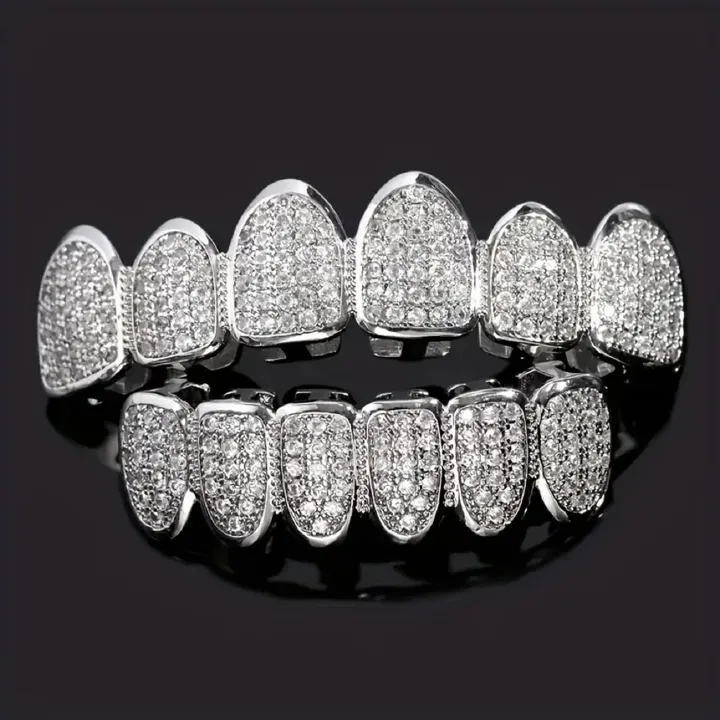 Luxurious gold-plated/silver-plated diamond-studded upper and lower grillz for men and women gold teeth silver teeth