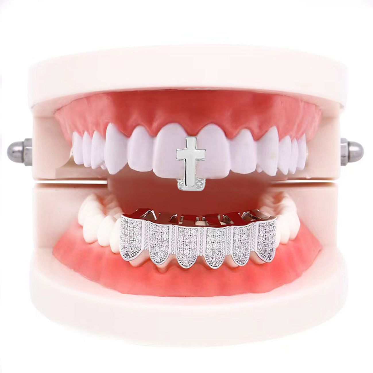 Zircon grillz decoration hip-hop grillz single cross upper teeth + six-tooth lower teeth set gold teeth silver teeth unisex