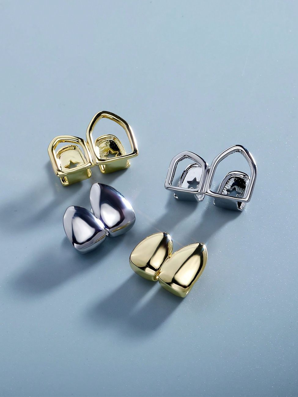 Shining Gold/Silver Two-Teeth Grillz Set with Star Design for Unisex