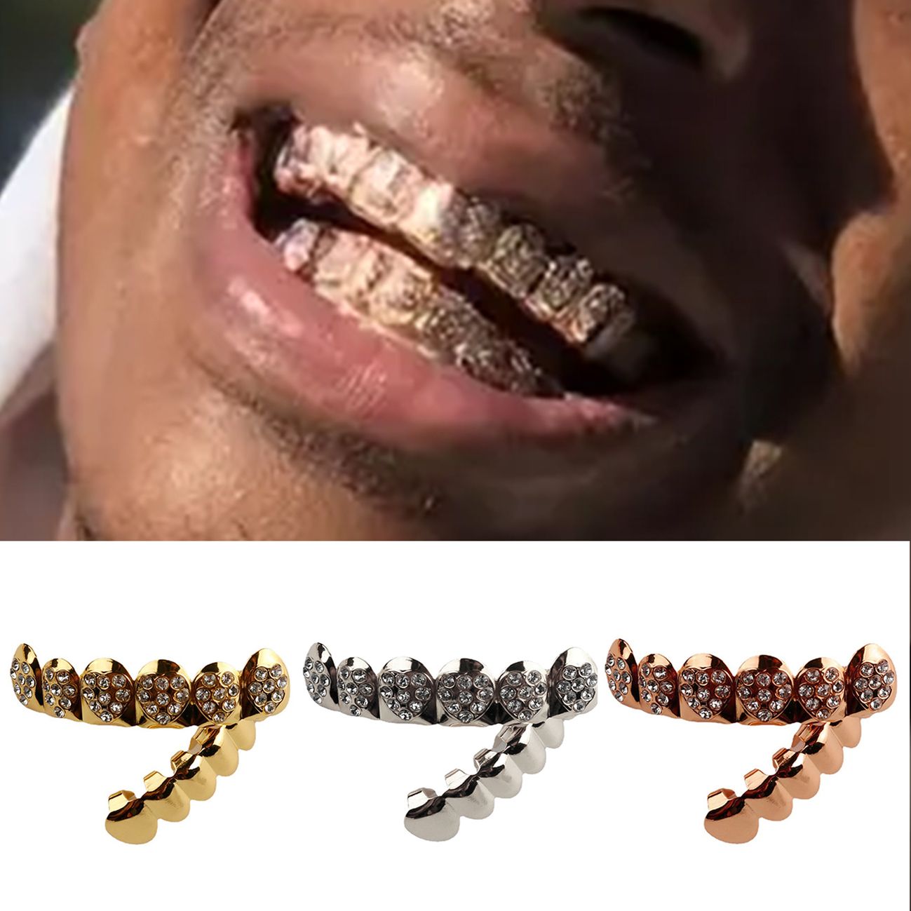 Dazzling Diamond Grillz for Men & Women - Gold/Silver/Rose Gold Iced Out Teeth Caps with Rhinestones | Hip Hop Party Jewelry for Rappers & Fashion Lovers