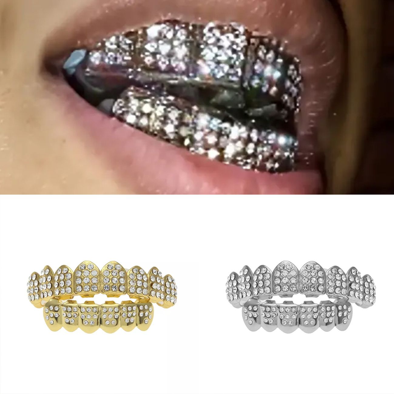 Dazzling Crystal Inlaid Grillz for Men & Women - Hip Hop Gold/Silver Iced Out Teeth Caps for Rappers | Bling Teeth Grills Jewelry