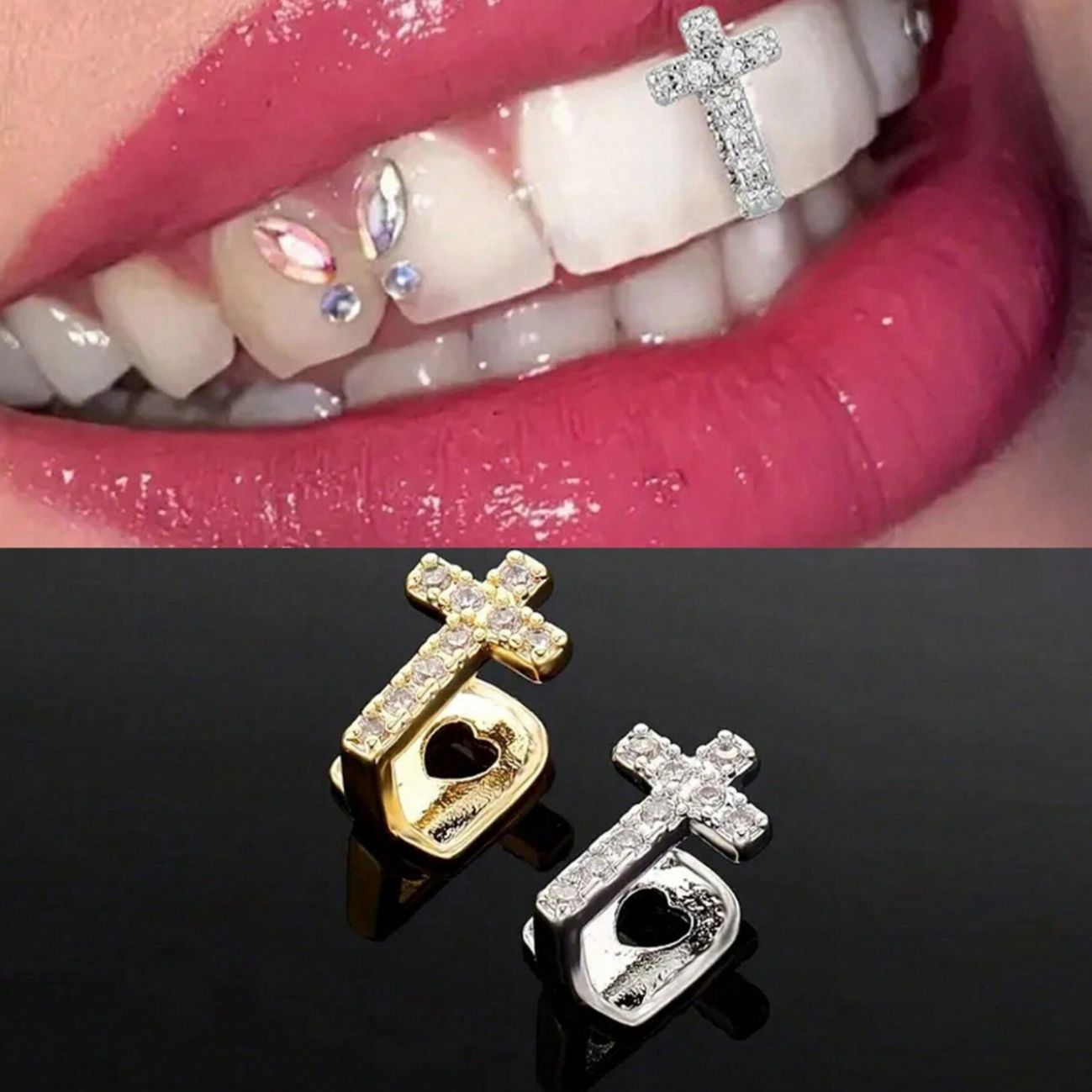 Cross Copper Micro-Inlaid Zircon Single Hip Hop Decorative Braces - Trendy Tooth Grillz Teeth Decoration for Streetwear Enthusiasts【Gold Teeth, Silver Teeth, Diamond Teeth】