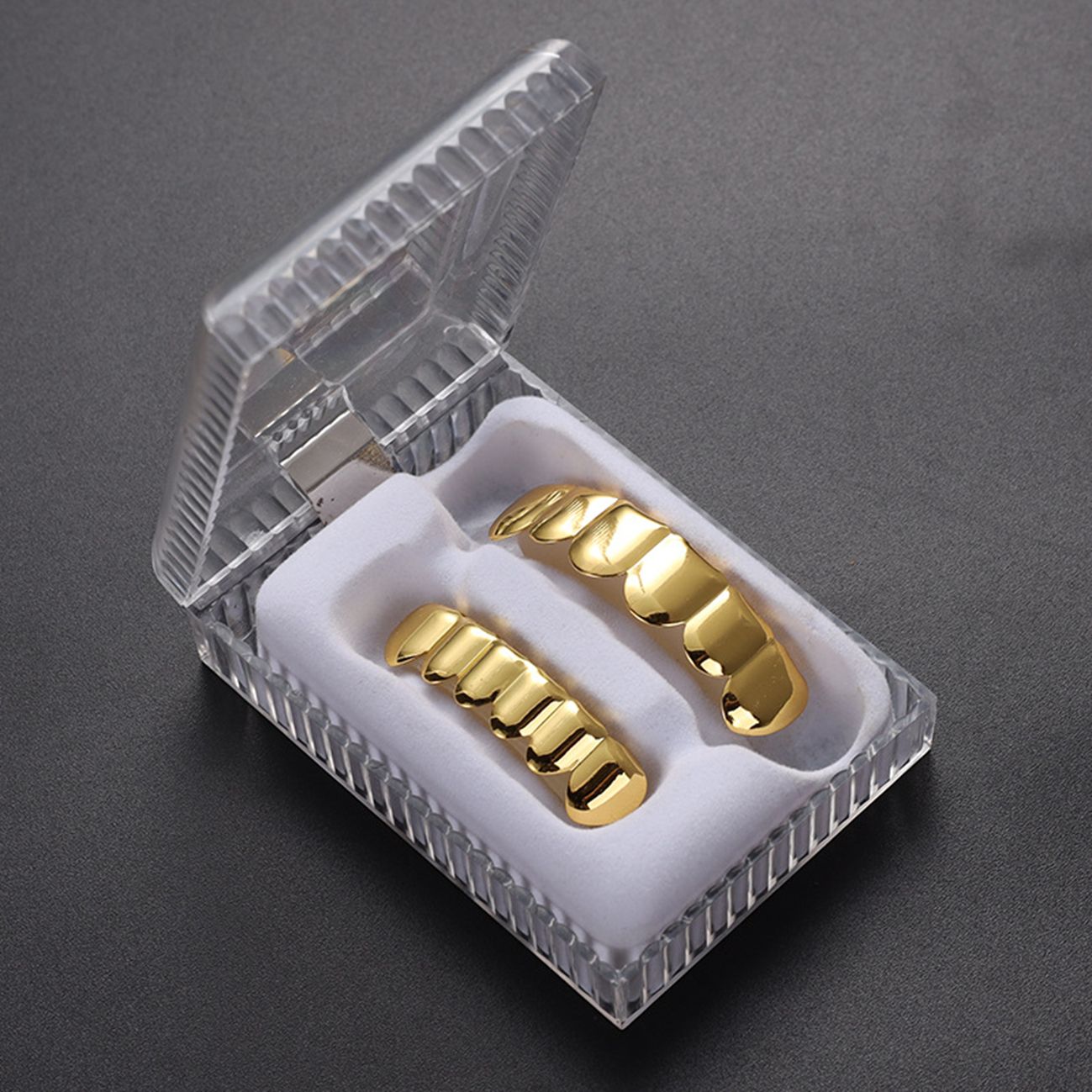 Shiny Gold Plated Top & Bottom Fang Grillz for Hip Hop Fashion Party Wear 【for Men and Women】gold teeth silver teeth gold grillz silver grillz