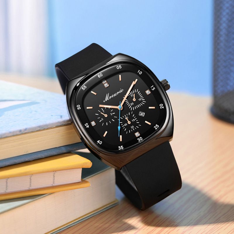 Elegant Square Analog Chronograph Wristwatch for Men - Black Silicone Band