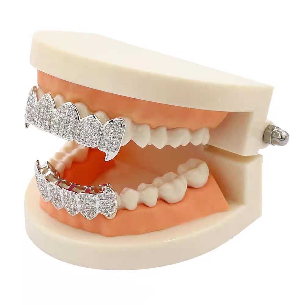Sparkling Silver Diamond Grillz Set - Custom Fit Tooth Caps for Men