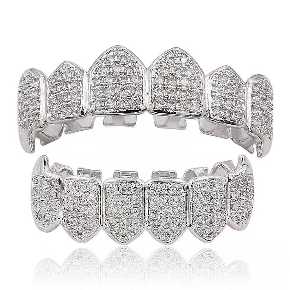 Sparkling Silver Diamond Grillz Set - Custom Fit Tooth Caps for Men