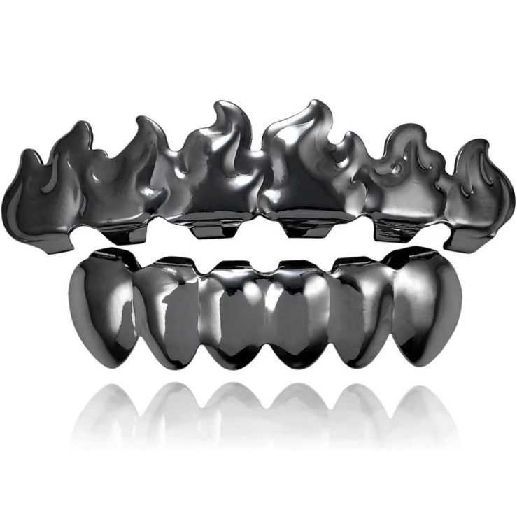 gold teeth silver teeth Flashy Flame Design Grillz, Hip Hop Teeth Grillz for Men
