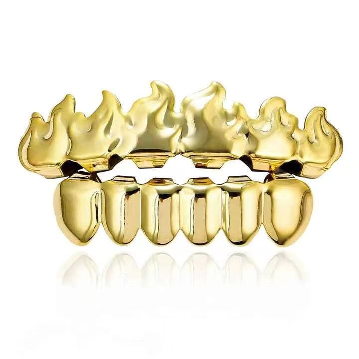 gold teeth silver teeth Flashy Flame Design Grillz, Hip Hop Teeth Grillz for Men