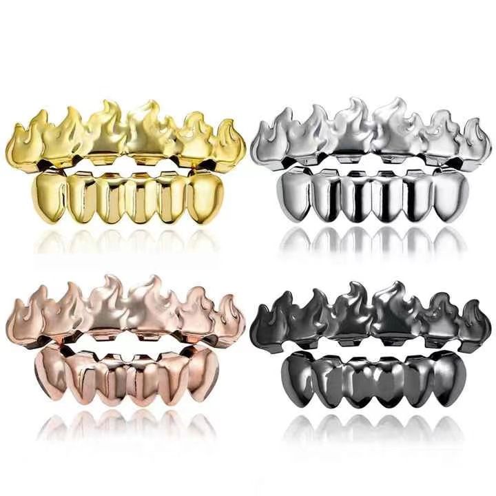 gold teeth silver teeth Flashy Flame Design Grillz, Hip Hop Teeth Grillz for Men