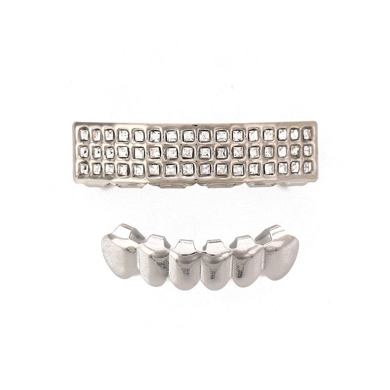 gold teeth silver teeth  Fancy Iced-Out Top & Bottom Grillz Sets - For Hip Hop Fashion