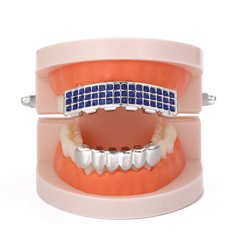 gold teeth silver teeth  Fancy Iced-Out Top & Bottom Grillz Sets - For Hip Hop Fashion