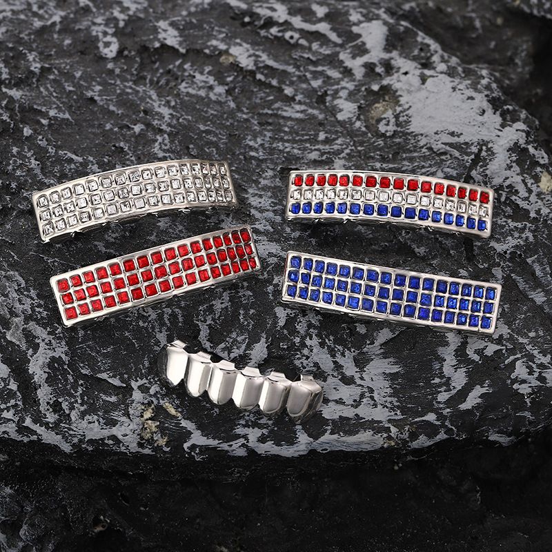 gold teeth silver teeth  Fancy Iced-Out Top & Bottom Grillz Sets - For Hip Hop Fashion
