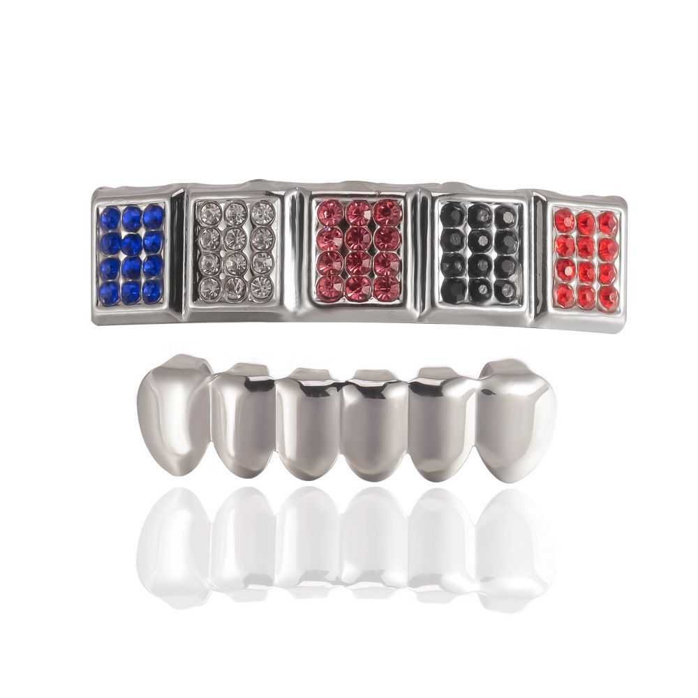 gold teeth silver teeth Fancy Rhinestone Top & Bottom Grillz Set, Colorful Gem Teeth Grills for Men and Women