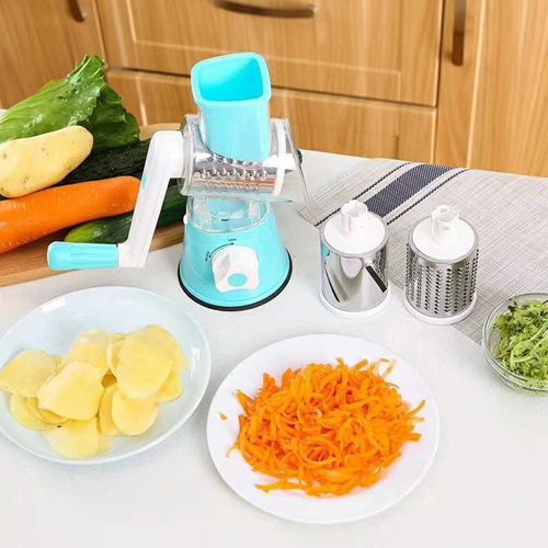 3 In 1 Multifunctional kitchen Manual Fast Vegetable Safe Mandoline Grater Slicer Shredder Cutter Chopper Rotary Vegetable shredder Drum Blades Hand Crank Cutter Tool Quick Vegetable Dicer Set