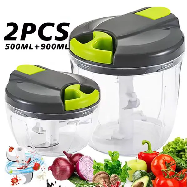 Press Twist Shredder Meat Chilli crusher Grinder Blender machine Mini 2PCS 500ML+900ML Manual Food Processor Vegetable Chopper Hand Crank Garlic Mincer Portable Onion Cutter Fruit Kitchen Accessories