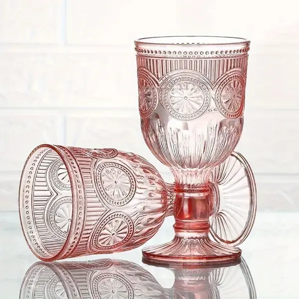 set of 6 pcs Vintage Plastic Wine Glasses with Sunflower Reliefs in Pink/ Blue 12 Ounces, Suitable for Wedding Toasting Party home living kitchen dinning room good quality water glass Drinking Glasses