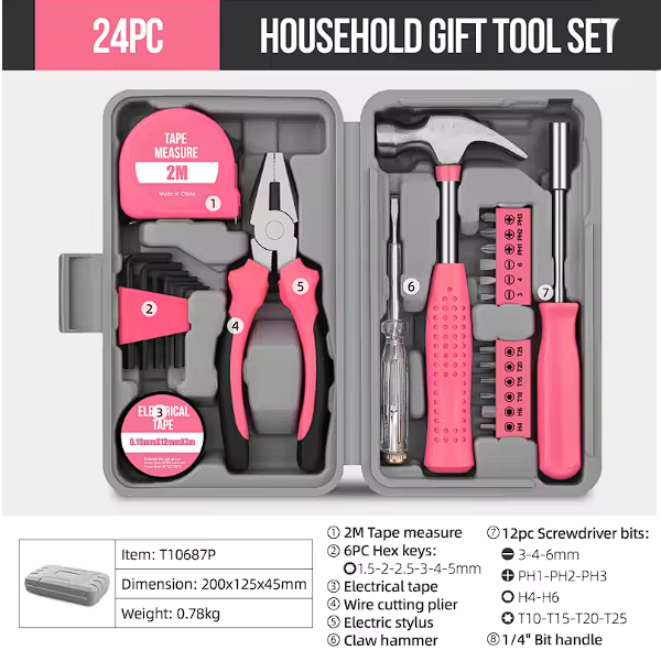 24 in 1 General Household Toolbox Set Tools Inclusive Wire Cutter Voltage Test Pen Electrical Tape Measure Hammer Screwdriver Repair Hardware Hand Home Appliances Bolt Driver Nipper Pliers Tool Kit