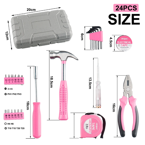 24 in 1 General Household Toolbox Set Tools Inclusive Wire Cutter Voltage Test Pen Electrical Tape Measure Hammer Screwdriver Repair Hardware Hand Home Appliances Bolt Driver Nipper Pliers Tool Kit
