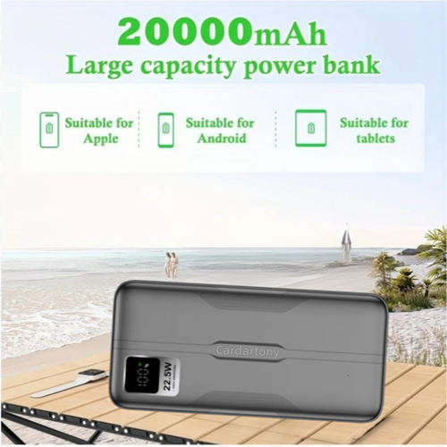A2Ppro 22.5W ultra fast charging mobile power bank with 20000mAh ultra large capacity lithium polymer battery cells, supporting 22.5W high-speed dual port output (Micro 2USB+Type-C)