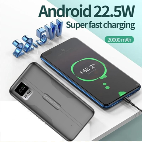 A2Ppro 22.5W ultra fast charging mobile power bank with 20000mAh ultra large capacity lithium polymer battery cells, supporting 22.5W high-speed dual port output (Micro 2USB+Type-C)