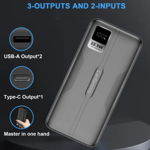 A2Ppro 22.5W ultra fast charging mobile power bank with 20000mAh ultra large capacity lithium polymer battery cells, supporting 22.5W high-speed dual port output (Micro 2USB+Type-C)