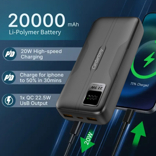 A2Ppro 22.5W ultra fast charging mobile power bank with 20000mAh ultra large capacity lithium polymer battery cells, supporting 22.5W high-speed dual port output (Micro 2USB+Type-C)