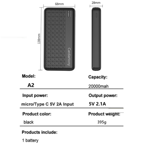 A2 20000mAh mobile power bank, lithium polymer battery cell, Micro USB+Type-C， Compatible with mainstream devices,
