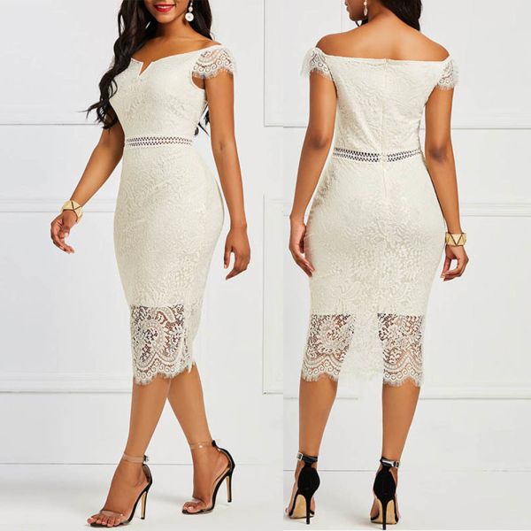 Hot apparel female summer Dresses Evening Party Women Sexy Off Shoulder V Neck Hollow Lace Bodycon Midi Dress