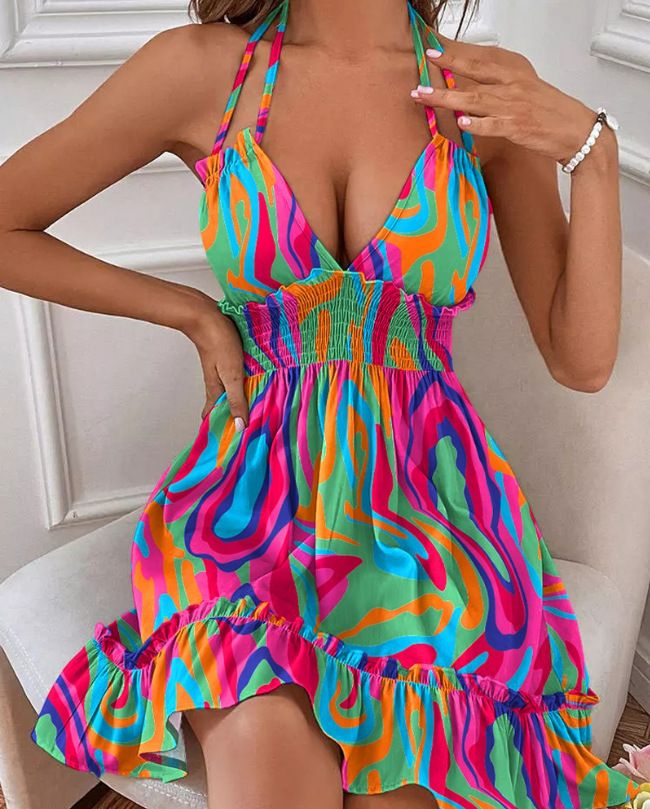 Fashionable and casual new summer printed dress with a deep V-neck, halter straps, ruffled edges and a backless design, suitable for parties, clubs and evening banquets.