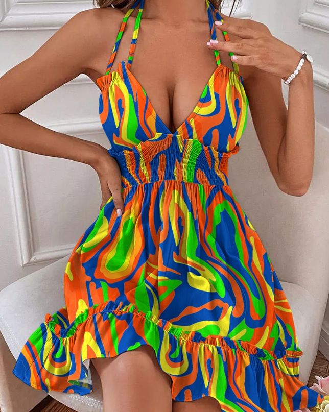 Fashionable and casual new summer printed dress with a deep V-neck, halter straps, ruffled edges and a backless design, suitable for parties, clubs and evening banquets.