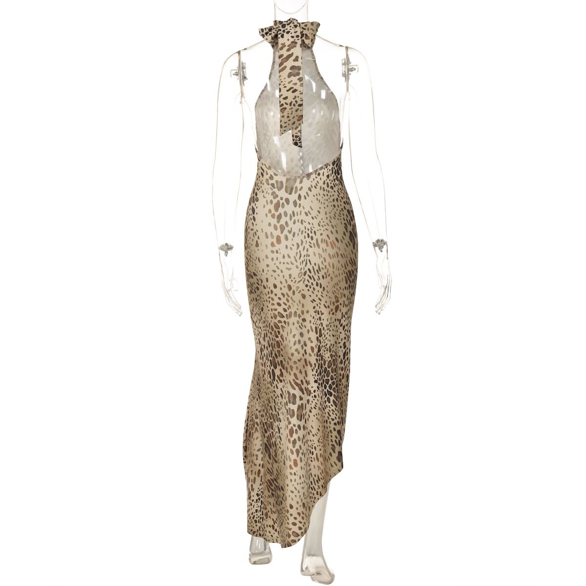 New summer 2025 fashion dress with an elegant temperament, backless design, form-fitting style, tie straps, halter neck and irregular leopard print, suitable for parties, clubs and evening banquets.