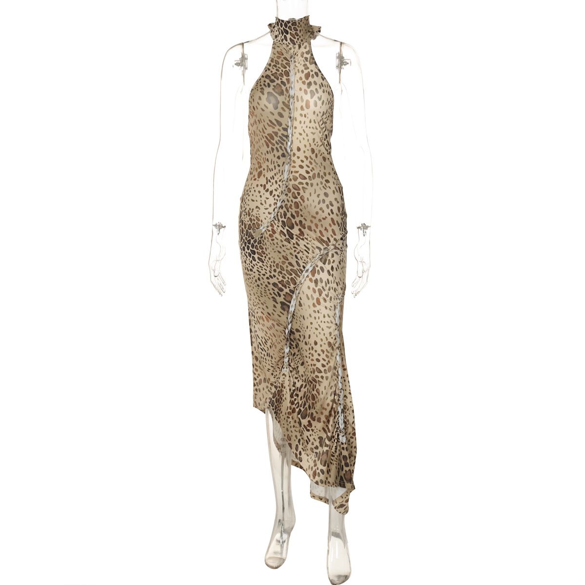 New summer 2025 fashion dress with an elegant temperament, backless design, form-fitting style, tie straps, halter neck and irregular leopard print, suitable for parties, clubs and evening banquets.